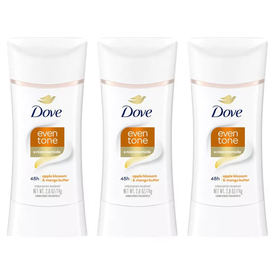 Three Dove Beauty Even Tone 48-Hour Deodorant sticks, Apple Blossom & Mango scent (2.6oz each), are displayed side by side against a white background—ideal for underarm skin restoration.