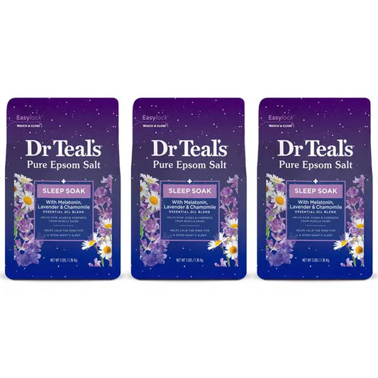 Three packs of Dr. Teals Epsom Salt Magnesium Sleep Soak (3lbs each) are displayed against a white background.