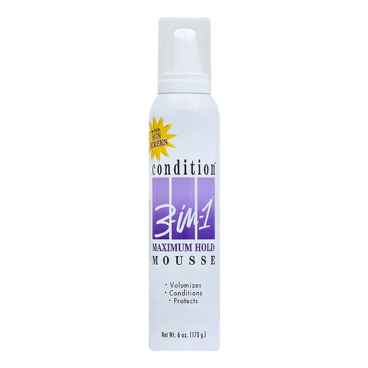 A white 6oz bottle of Condition 3-N-1 Mousse Maximum with Sunscreen, labeled to volumize, condition, protect hair, and add healthy shine with Pro-Vitamin B-5.