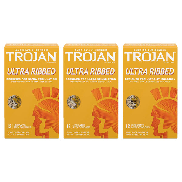 Three boxes of the 3 Pack - TROJAN Ultra Ribbed Premium Lubricated Condoms 12 Count Each by Trojan are displayed side by side against a white background.