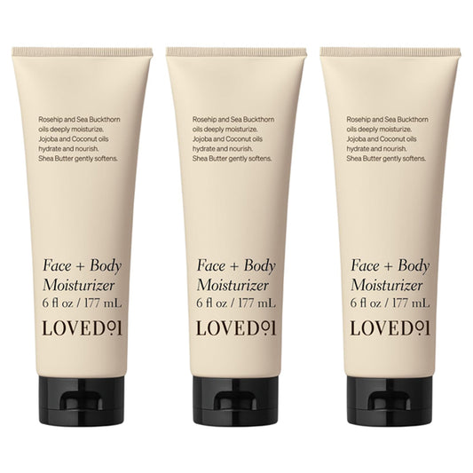 Three-pack of Loved 01 Face + Body Moisturizer with Rosehip & Sea Buckthorn, 6oz each. This plant-based formula hydrates and nourishes face and body.