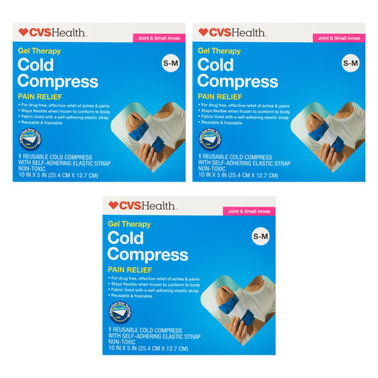 Three boxes of CVS 3 Pack Gel Therapy Cold Compress, S-M, feature a hand applying the self-adhering elastic strap for effective cold therapy and pain relief.