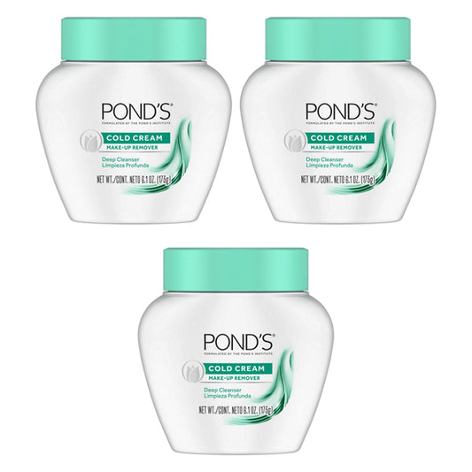Three jars of PONDS Cold Cream Cleanser & Make-Up Remover, each 6.1 oz, are arranged in a triangular formation—ideal for effective makeup removal and deep cleansing.