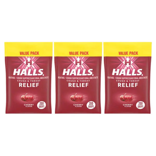 3 Pack - HALLS Cough and Throat Relief Cherry Cough Drops Value Pack 200 Count Halls