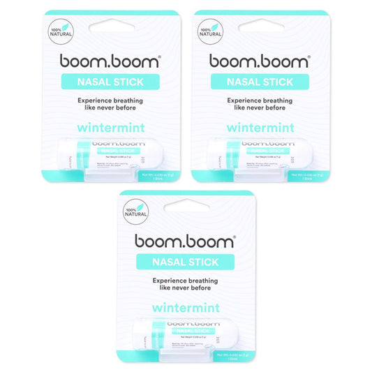 The BoomBoom 3 Pack Daily-Use Nasal Stick Wintermint 1g features white tubes labeled as 100% natural, blending essential oils to support focus and invigorate nasal breathing.