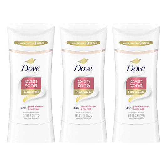 Three Dove Even Tone Deodorant sticks, Peach Blossom & Rice Milk scent, 2.6oz each, are displayed side by side in this 3 Pack.