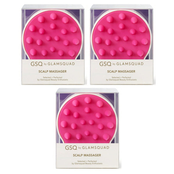 A set of three pink GSQ By Glamsquad Scalp Massagers by GLAMSQUAD in clear packaging, each featuring raised bumps—ideal for gentle scalp rejuvenation and product buildup removal.