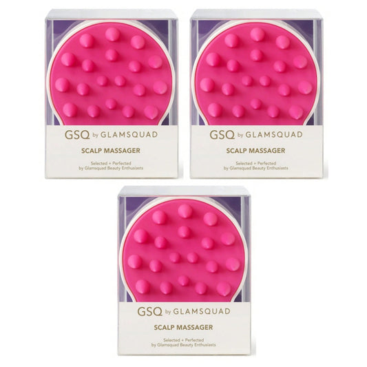A set of three pink GSQ By Glamsquad Scalp Massagers by GLAMSQUAD in clear packaging, each featuring raised bumps—ideal for gentle scalp rejuvenation and product buildup removal.