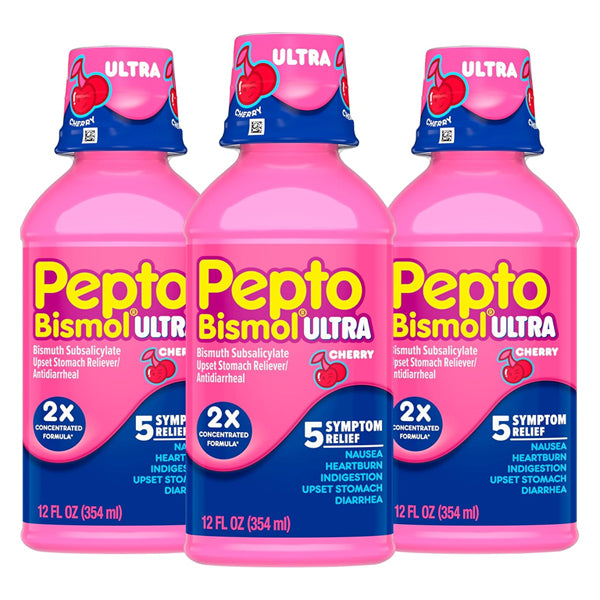 3 Pack - Pepto Bismol Liquid Ultra 5 Symptom Fast Relief Cherry Flavor 12oz