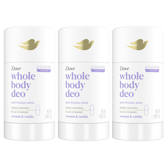 Three Dove Whole Body Deo Aluminum Free Coconut + Vanilla 2.6oz sticks are lined up. Labeled for sensitive skin and odor control, theyre infused with vitamins for all-over freshness. This is a 3 pack by Dove.