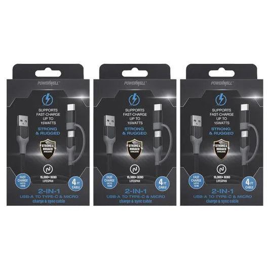 3 Pack - PowerXcel 4FT 2in1 Kevlar USB-A to Micro and Type-C Fast Charging Cable PowerXcel