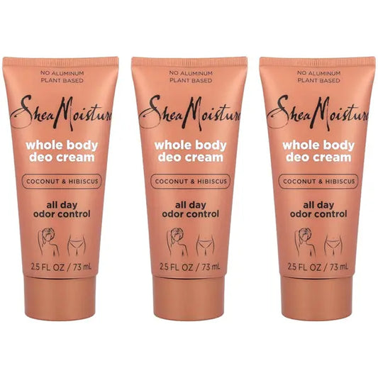 Three upright tubes of Shea Moisture’s 3 Pack - COCONUT & HIBISCUS Cream Deodorant (2.5oz each) are displayed against a white background.
