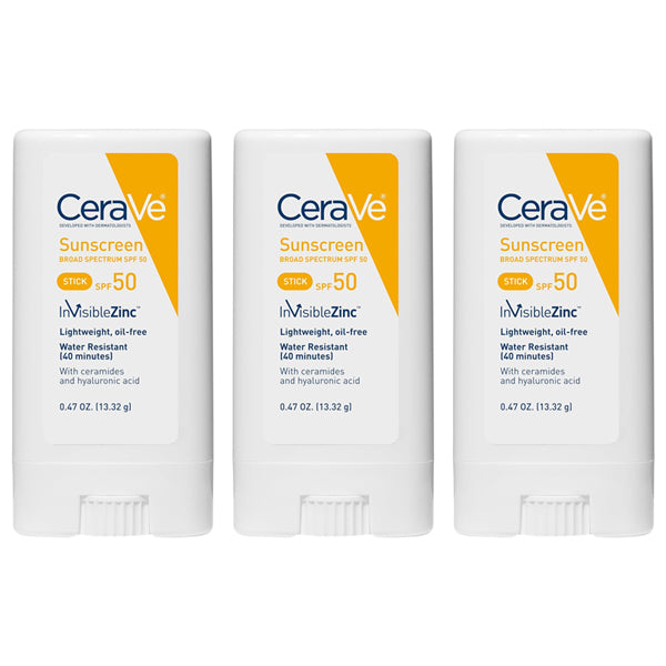 Three upright CeraVe Mineral Sunscreen Stick SPF 50 Broad Spectrum 0.47oz (3 Pack) are shown, labeled as lightweight, oil-free, water resistant, and containing hyaluronic acid for broad spectrum UV protection.