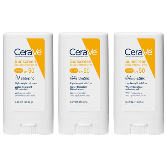 Three upright CeraVe Mineral Sunscreen Stick SPF 50 Broad Spectrum 0.47oz (3 Pack) are shown, labeled as lightweight, oil-free, water resistant, and containing hyaluronic acid for broad spectrum UV protection.