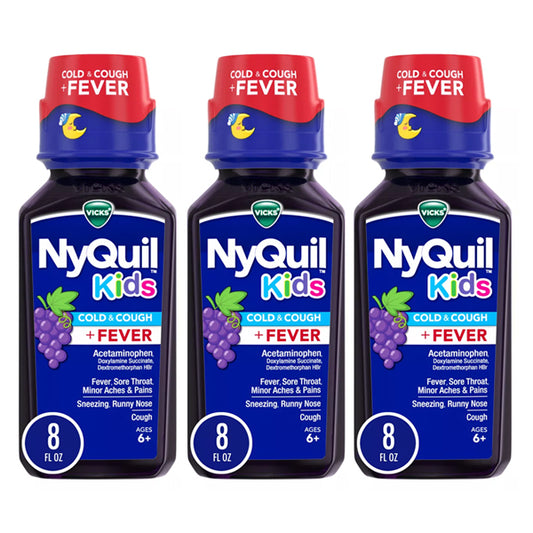Vicks 3 Pack NyQuil Kids Cough & Cold + Fever Liquid, Grape flavor, 8oz each, offers effective relief for cough, cold, and fever in children ages 6+.