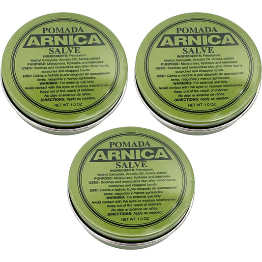 Three round green tins of Pomada Arnica Salve First Aid Antiseptic 1oz, sold as a 3 Pack by Pomada, are arranged in a triangular pattern on a white background.
