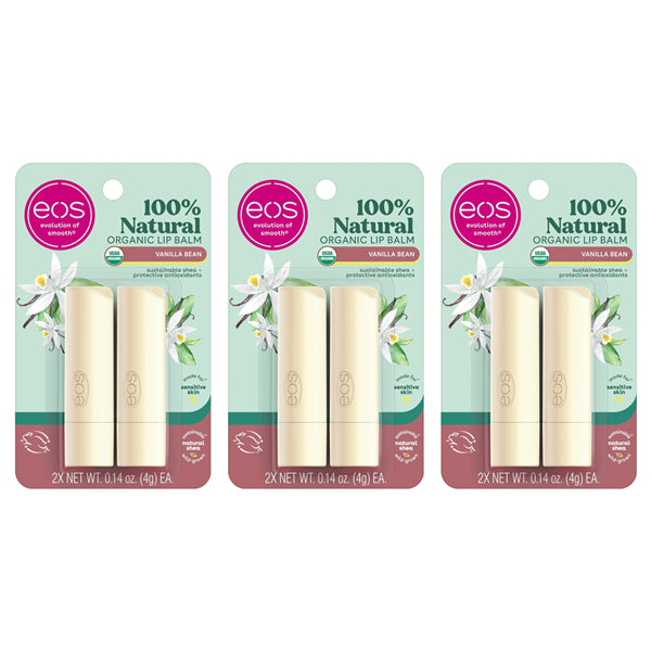 The eos 3 Pack 100% Natural & Organic Lip Balm Sticks in Vanilla Bean (2 per pack) provide all-day moisture in floral packaging and are USDA Certified Organic.