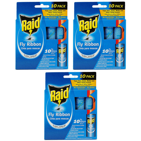 RAID 3 Pack Fly Ribbons Traps offer odorless, economical fly control—each pack includes 10 long-lasting ribbons. Packaging features blue and yellow colors with English and Spanish info on a white background.