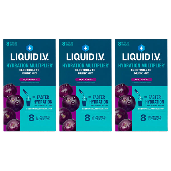 3 Pack - Liquid I.V. Hydration Multiplier Electrolite Drink Mix Acai Berry 8 Count Each