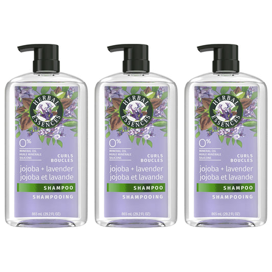 Three bottles of Herbal Essences Jojoba Oil & Lavender Curls Shampoo 29.2oz (3 Pack) are displayed side by side, each with a pump dispenser, against a white background.
