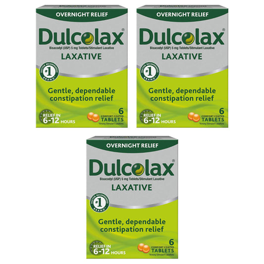 Three boxes of Dulcolax Stimulant Laxative Tablets, 6 count each, are shown. The packaging highlights gentle overnight constipation relief within 6-12 hours from the trusted brand Dulcolax.