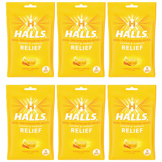 6 Pack - HALLS Relief Honey Lemon Cough Drops 30 Count