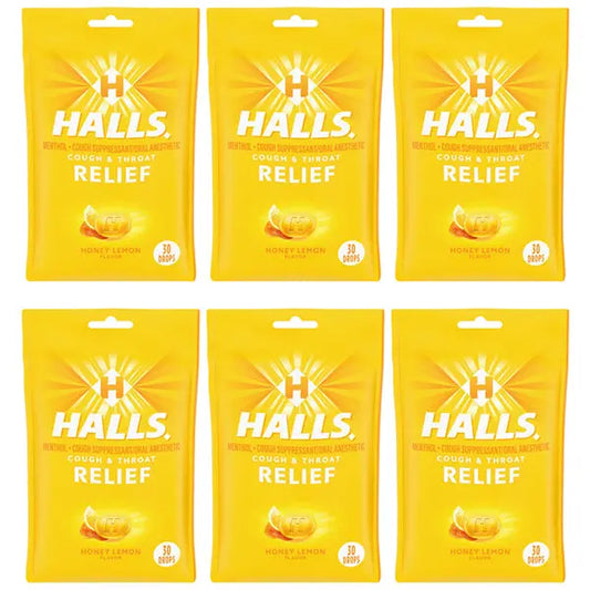 6 Pack - HALLS Relief Honey Lemon Cough Drops 30 Count Halls