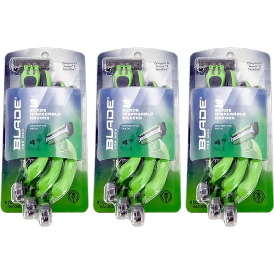 3 Pack - Blade Men's 3-Blade Sensitive Skin Disposable Razors 4 Count Each Blade for Men