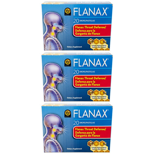Three boxes of Flanax Cough Relief Throat Lozenges Honey (20 count each) provide soothing sore throat relief with menthol and honey.