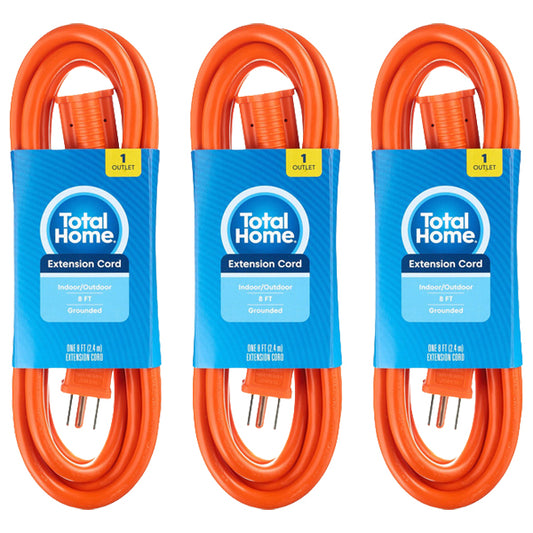 3 Pack - Total Home Single Outlet Grounded 8 Foot Extension Cord Orange Total Home