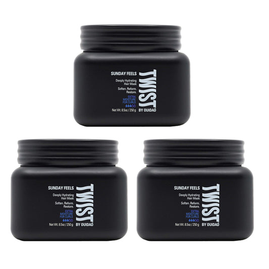 Three black jars of TWIST Sunday Feels Deeply Hydrating Hair Mask 8.5 oz (3 Pack) are arranged in a triangular formation against a white background.