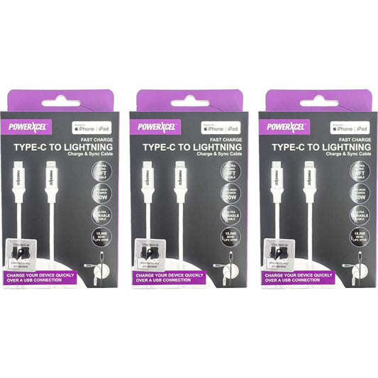3 Pack - PowerXcel Type-C to Lightning Fast Charge & Sync Cable 4ft