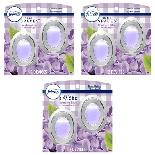 Febreze 3 Pack Small Spaces Air Freshener, Limited Edition Southern Lilac Mornings (2ct each), features purple lilac packaging—perfect for eliminating odors in any room.