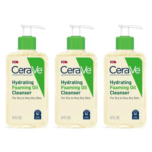 Three-pack of CeraVe Hydrating Foaming Oil Cleanser for Dry Skin, 8oz bottles, displayed side by side.