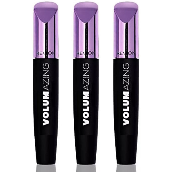 A 3 Pack of Revlon Volumazing Mascara 901 Blackest Black is displayed upright, each tube featuring signature metallic purple caps and black bodies, promising clump-free, fanned-out lashes.