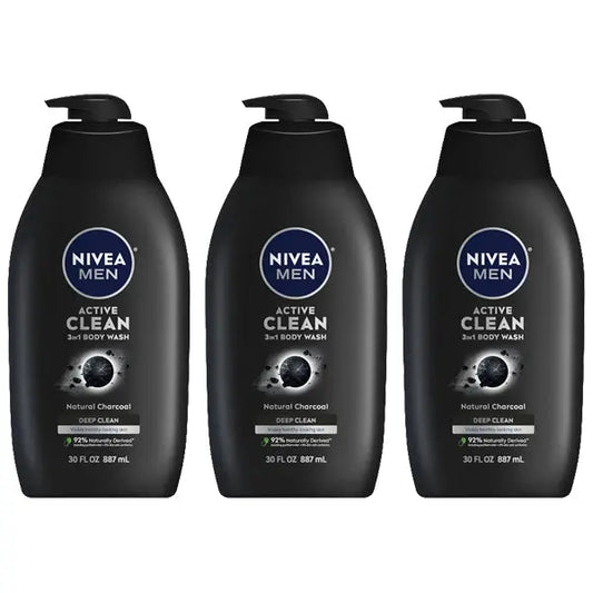 3 Pack - NIVEA Men Active Clean 3-in-1 Natural Charcoal Body Wash 30oz Nivea