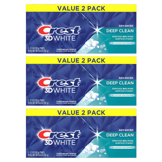 Get a brighter smile every day with the Crest 3 Pack - 3D White Advanced Deep Clean Whitening Toothpaste, each a 3.3 oz twin pack.