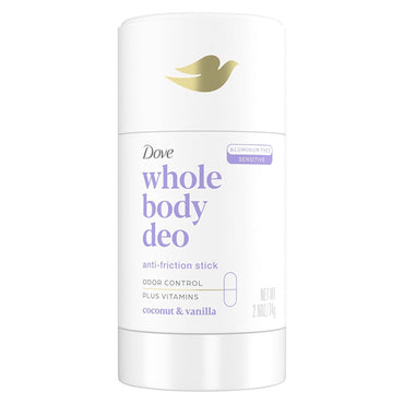 Dove 3 Pack Whole Body Deo Aluminum Free Coconut + Vanilla, 2.6oz each, offers smooth application and all-over freshness with a gentle scent—ideal for sensitive skin.