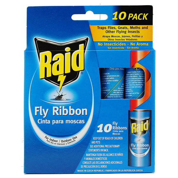RAID 3 Pack Fly Ribbons Traps, 10 count each, provide economical indoor or outdoor fly control with long-lasting, no-aroma protection and zero insecticides.