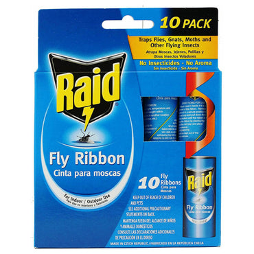 RAID 3 Pack Fly Ribbons Traps, 10 count each, provide economical indoor or outdoor fly control with long-lasting, no-aroma protection and zero insecticides.