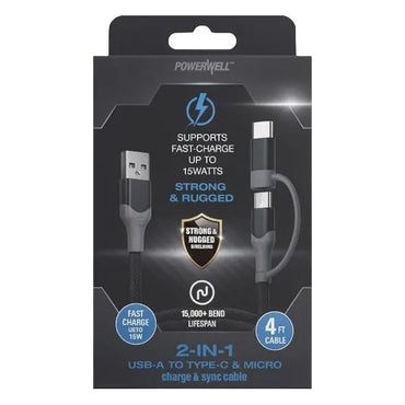 3 Pack - PowerXcel 4FT 2in1 Kevlar USB-A to Micro and Type-C Fast Charging Cable PowerXcel