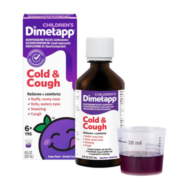 3 Pack - Childrens Dimetapp Grape Cold & Cough Medicine 8 fl oz by Dimetapp offers multi-symptom relief for kids ages 6+ to ease cold and cough symptoms. Includes dosage cup and features a grape flavor.