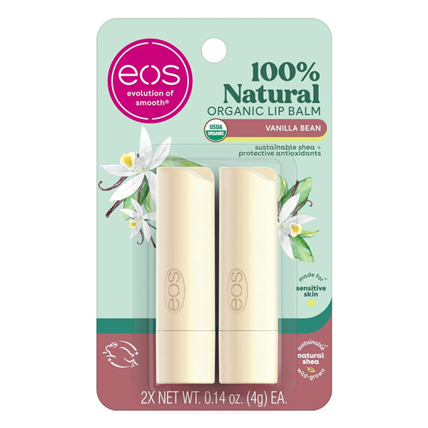 Three packs of eos 100% Natural & Organic Lip Balm Sticks in Vanilla Bean (2-count each) by eos, featuring cream-colored tubes on blue and green cards with vanilla flower designs for all-day moisture.
