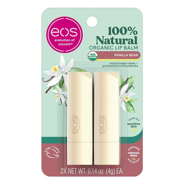 Three packs of eos 100% Natural & Organic Lip Balm Sticks in Vanilla Bean (2-count each) by eos, featuring cream-colored tubes on blue and green cards with vanilla flower designs for all-day moisture.
