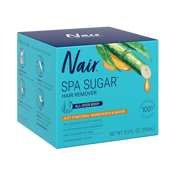 A 3 pack of Nair Hair Remover Spa Sugar Wax All-Over Body 8.5oz, featuring product info and usage instructions on the box, made with natural ingredients for petal-smooth skin.