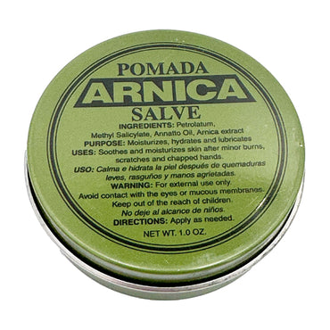 A 3 Pack of Pomada Arnica Salve First Aid Antiseptic 1oz tins by Pomada, enriched with arnica extract; each green tin displays product info, ingredients, usage directions, warnings, and net weight on the lid.