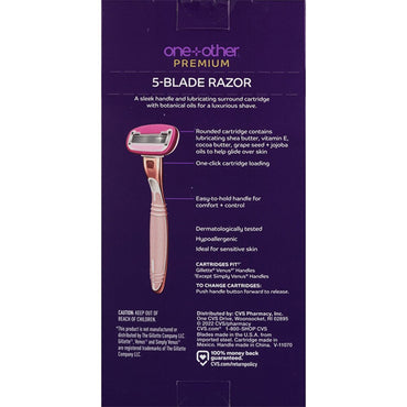Front packaging of the one+other Blissfully Smooth 5-Blade Razor 3 Pack features the pink razor with Lubricating Surround, product details, cartridge info, and caution text on a purple background.
