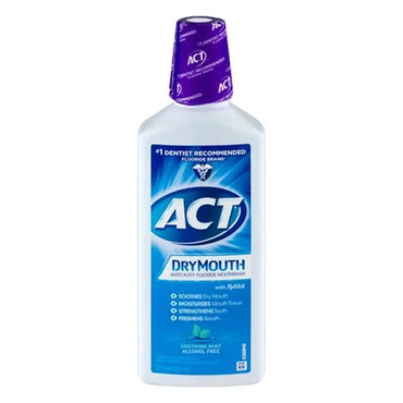 A 3 Pack of ACT Dry Mouth Fluoride Mouthwash, Soothing Mint flavor, 18oz each. Alcohol-free, it soothes, moisturizes, strengthens teeth, freshens breath, and is dentist-recommended for relieving dry mouth symptoms.