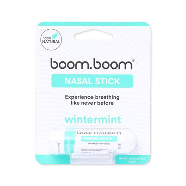 The BoomBoom 3 Pack Daily-Use Nasal Stick in Wintermint (1g), labeled 100% natural, uses essential oils to support nasal breathing and focus, and features teal and white BoomBoom branding.