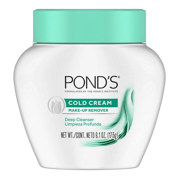 A 3-pack of PONDS Cold Cream Cleanser & Make-Up Remover, each in a 6.1 oz white and green jar with bilingual English and Spanish labels—ideal for makeup removal.
